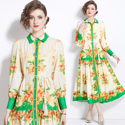 Linen Runway Summer Vintage Floral Print Collar Bow Loops Women Casual Dresses