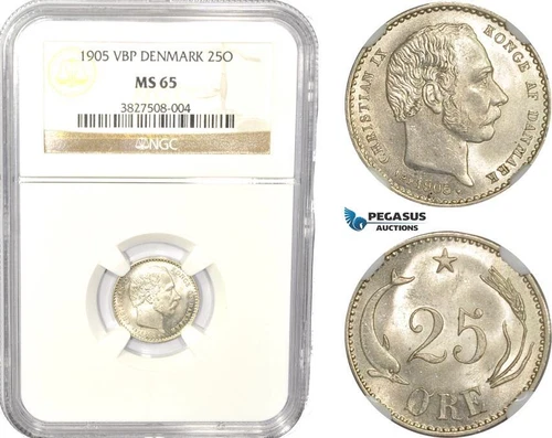 AC803, Denmark, Christian IX, 25 Øre 1905, Copenhagen, Silver, NGC MS65