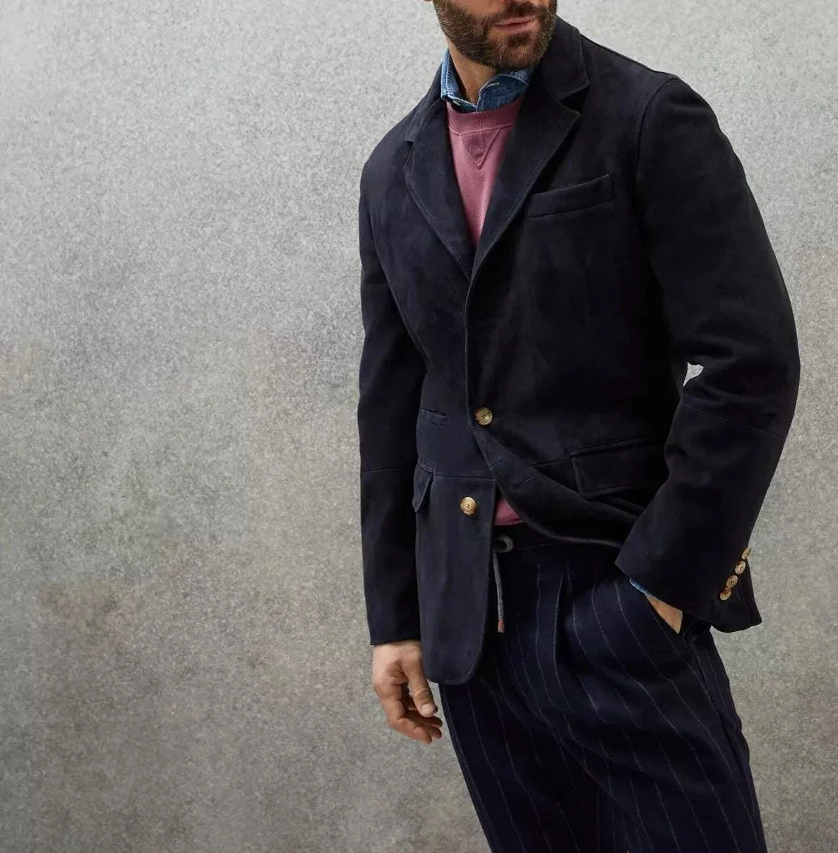 Mens Blazer Classic Style in Genuine Suede Navy blue Soft Leather
