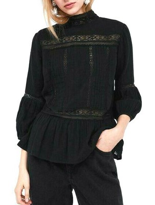ZARA Z1975 TOP SPITZE STICKEREI BLACK HIGH NECK BLOUSE WITH LACE