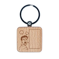 Angry Manga Man With Empty Speech Bubble Engraved Wood Square Keychain Tag Charm