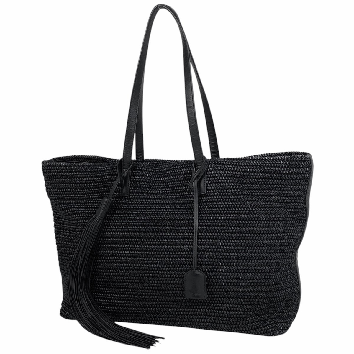 SAINT LAURENT Borsa tote con logo rafia paglia frange tote bag pelle blu navy 4...