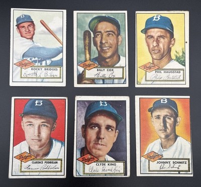 Lot (6) 1952 Topps Mid Grade Brooklyn Dodgers Cox King Bridges Haugstad Schmitz