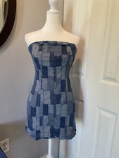 Women’s Denim Patchwork Strapless Mini Dress XXS Mixed Blues Rockabilly Cowgirl