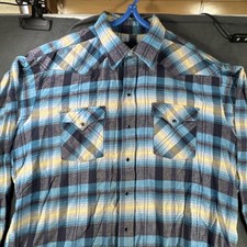PanHandle Slim Rough Stock Pearl Snap Flannel Shirt Mens XL Blue Plaid