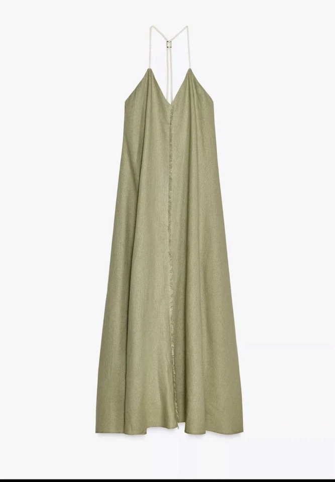 Zara Beige Linen Maxi Dress M Regular Strappy Sleeveless V-Neck Backless - Image 1 of 4