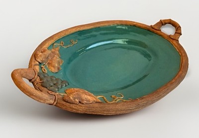 SIGNED Art Pottery Serving Platter, Grapes & Leaves Platter with Handles