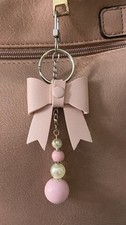 Artisan Pink Leather Bow Handbag Jewelry Beaded Purse Bag Charm Keychain