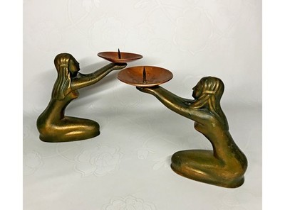 Set 2 pcs candle stand Girl with a bowl - Candle Holders Vintage