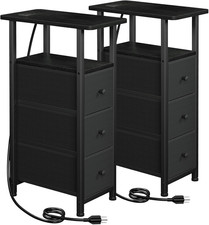 Narrow End Tables Living Room Set of 2 with Charging Station, Skinny Side Table