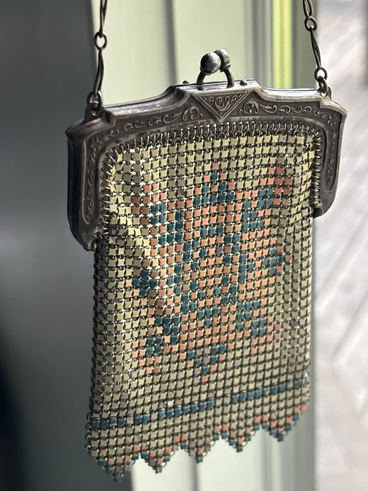 Cartera de noche vintage de los años 20 Whiting & Davis Art Nouveau Deco malla metálica y esmalte Foto 3 de 4