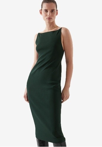 COS Backless Knitted Slip Dress size medium stretch midi forest green sleeveless