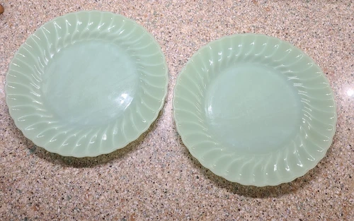 Set of 2 FIRE KING JADEITE SWIRL - SHELL DINNER PLATES WITH LOGO