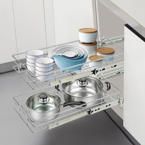 Silver Pull Out Cabinet Organizer Iron 2-Tier Cabinet Shelves Kitchen Organizer