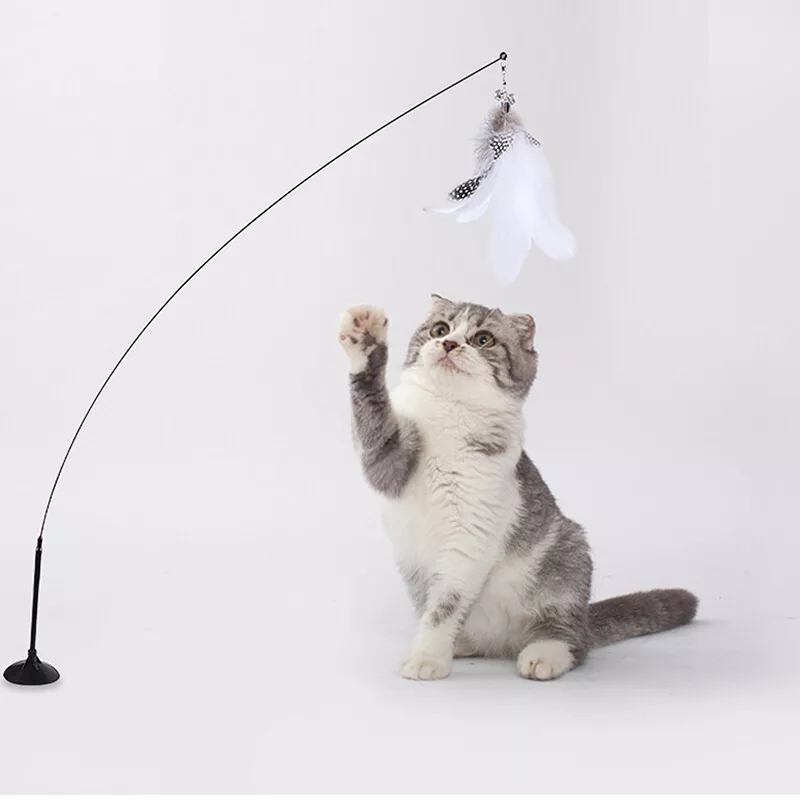 Cat Pet Toy Kitten Funny Teaser Stick Interactive Wand Feather Bell Rod w Sucker
