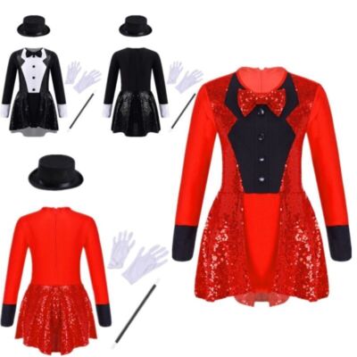 Kinder Mädchen Tailmant Kleider Mit Hut Ballett Trikot Tutu Magier Outfit Tanz