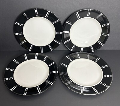 4 Studio Nova Pezze Black Salad Plates 8'' Black Rim White Dot Modern Mod *READ