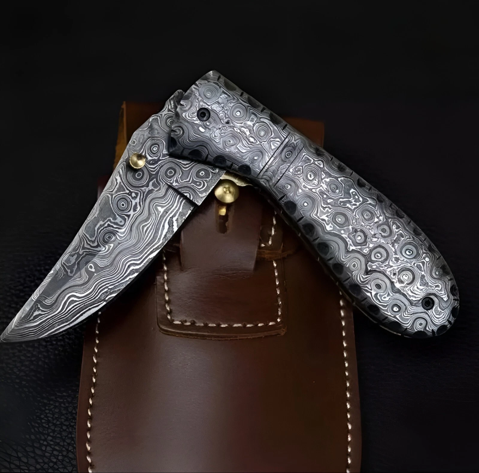 CUSTOM HANDMADE DAMASCUS STEEL FOLDING KNIFE | POCKET KNIFE WITH LEATHER SHEATH