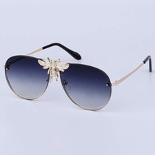 Luxury Bee Aviator Sunglasses Men Women - Silver Frame - Navy Blue Lens UV400