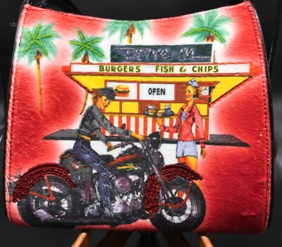 Women's bag airbrushed red & black 2 sided retro art drive in diner 50s cycle