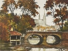 Chartres la cathédrale vue du pont neuf aquatinte vers 1930 France Eure-et-Loir
