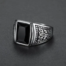 Vintage Black CZ Wedding Ring Stainless Steel Fashion Square Stone Signet Ring