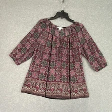 Croft & Barrow Top Womens M Pink Black Floral Sheer 3/4 Sleeve Pullover Tunic