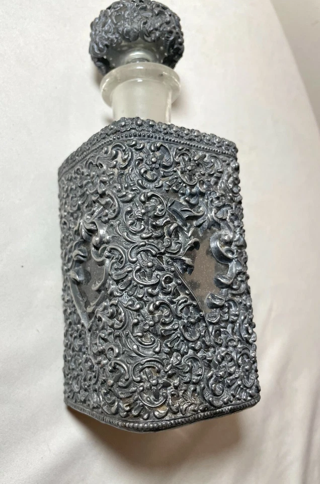 antique ornate reticulated perfume cologne metal glass silverplate bottle scent - Image 4 of 4