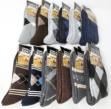 12 Pairs Men Lamb Wool Crew Socks, Warm Winter Heavy Duty Boot ASSORTED PRINTS