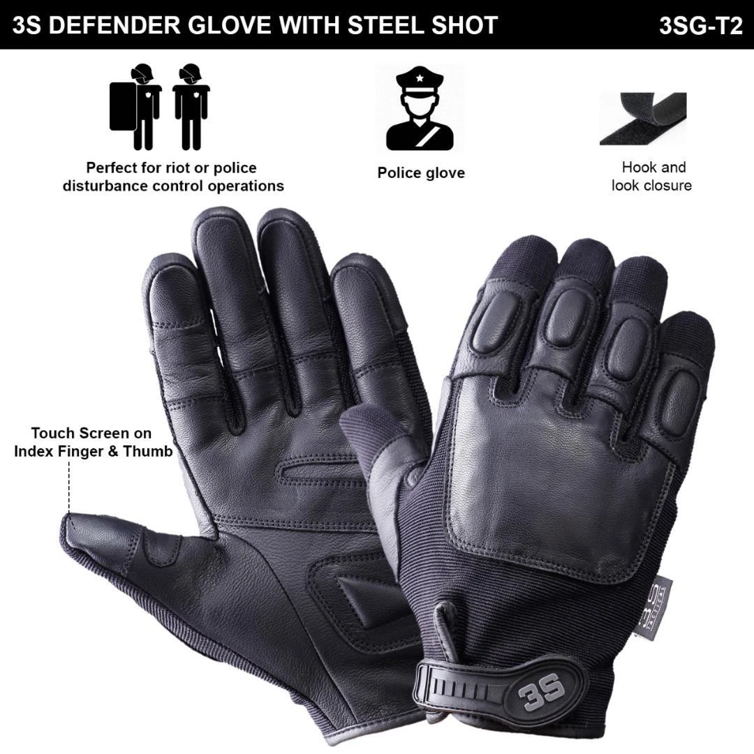 3S Tactical Leather Steel Shot Police Security Padded Motorcycle Gloves -T2-3SG