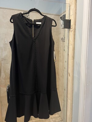 calvin klein sleeveless flounce-hem a-line dress Woman 14W Flounce Black Exposed Zipper V Neck Midi dress