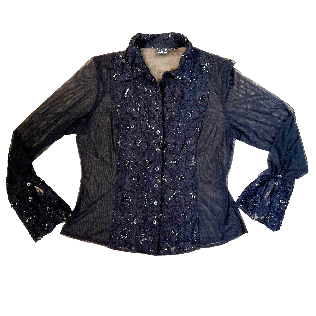 BLACK BEADED EMBELLISHED BLOUSE SZ XL BLACK SEQUINS SHEER