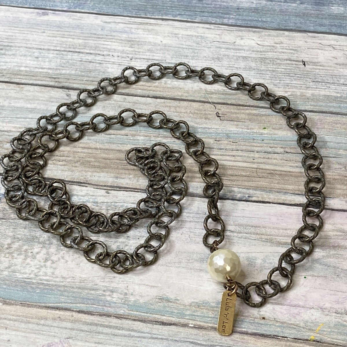 LULA N LEE Long Necklace Antiqued 34" Gold Tone Chain BEVELED BALL Estate