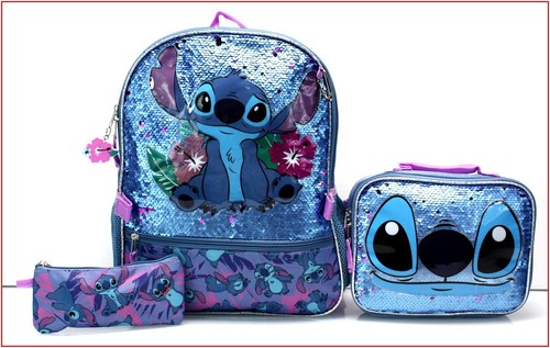 5 Pieces - Disney LEO & STITCH SEQUIN Backpack + Lunch Box + Pencil Case ❤️NEW❤️