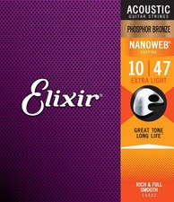 Elixir Phosphor Bronze Acoustic Guitar Strings NANOWEB Extra Light .010-.047