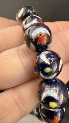 Vintage Glass Beaded Bracelet Stretch Marble Star Moon Sun Celestial 6.5 