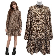 ASOS Leopard Print Mini Dress Mock Neck Long Sleeve Ruffle Hem Mob Wife Boho 8