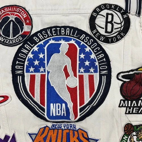 Heritage America UNK NBA Denim Vest Mens M White Distressed All Over Patches NWT image 13