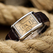 Herren Quarz Armbanduhr analog rechteckig Leder braun römisch beige