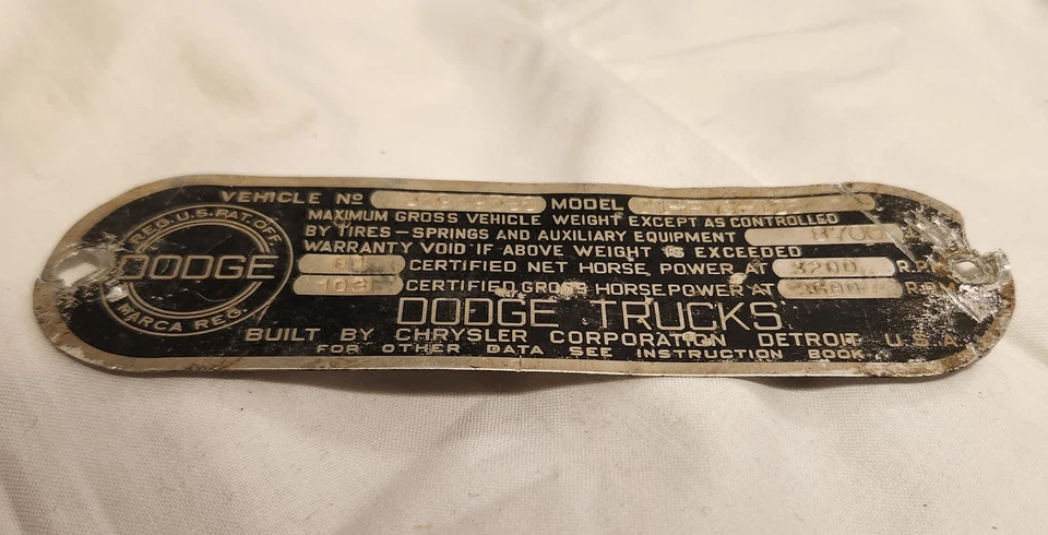 1954 Dodge питания универсал грузовик табличка с данными ярлык заводской штамп оригинал - Изображение 2 из 4
