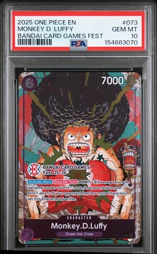3070 Monkey D. Luffy 2025 One Piece Bandai Card Games Fest Promo OP07-073 PSA 10
