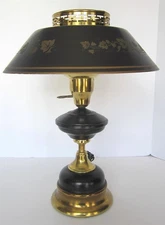 VINTAGE TOLEWARE TOLE 18.5" LAMP BLACK W/GOLD GRAPEVINE DESIGN MILK GLASS INSERT