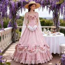 Light Pink Satin Victorian Ball Gown 3D Floral Spaghetti Strap Lace Bow Custom