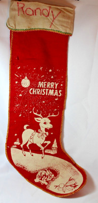 VTG 1950 Stenciled Merry Christmas Rudolph Reindeer 20  Red Felt Stocking Holly