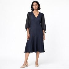 Rebecca Taylor Tailored Navy Blue Sheer Sleeve Flare Midi Dress 8 Office Preppy