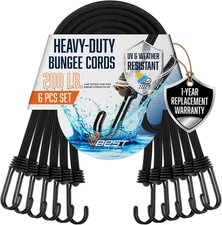 6 Ft Extra Long Bungee Cords with Hooks - Large Heavy Duty Outdoor Black Bungee