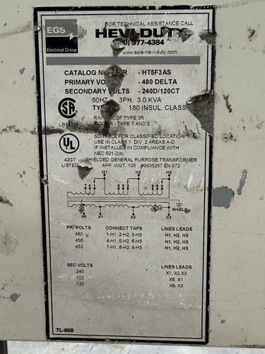 Hevi-Duty 3.0 kVA 3-Phase General Purpose Transformer 480V Delta 240/120V