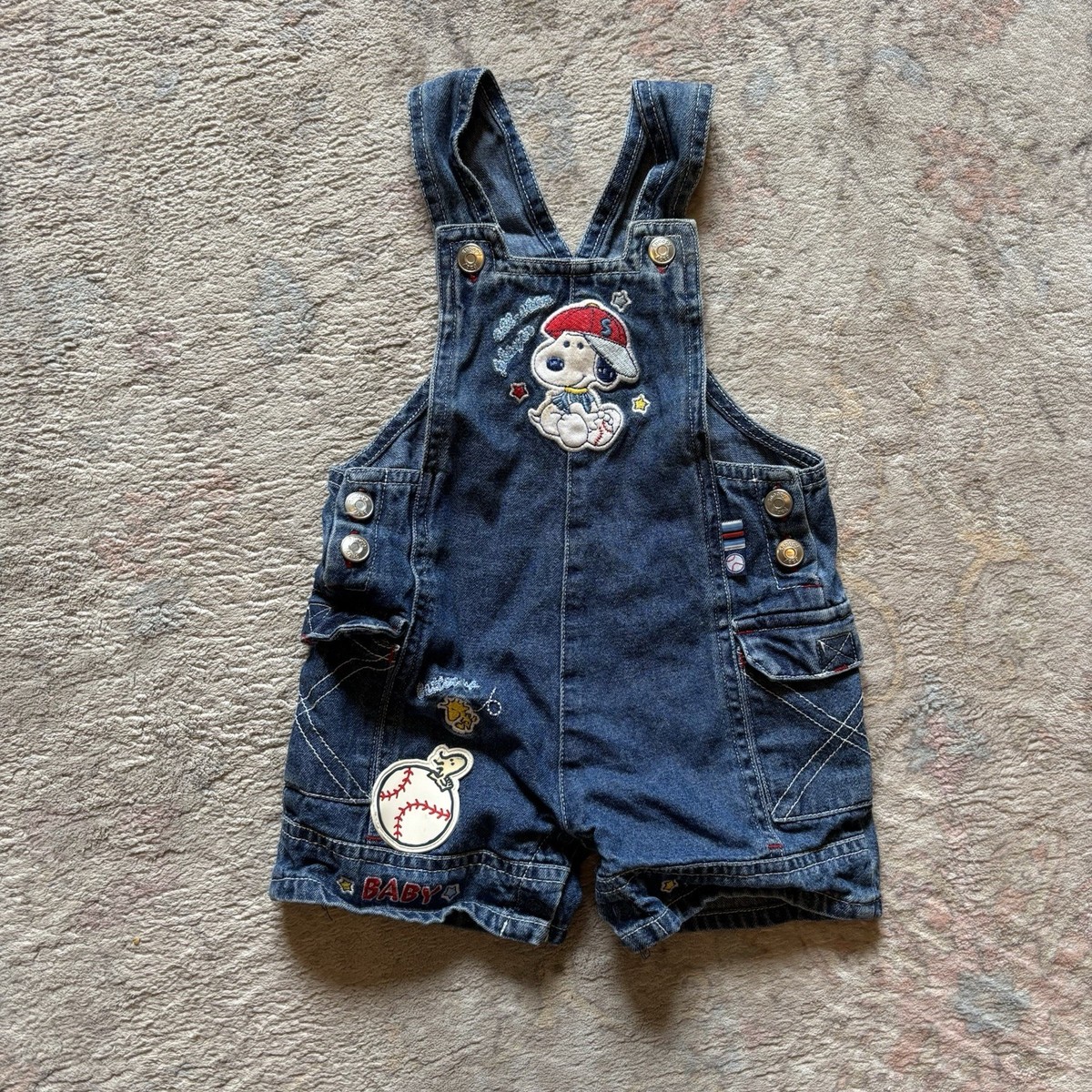 Vintage Baby Snoopy Overall Denim Short Overalls Size 6-9 Months 