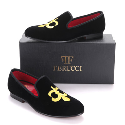 Handmade FERUCCI Men Black Velvet Slippers loafers with Gold Fleur de Lys