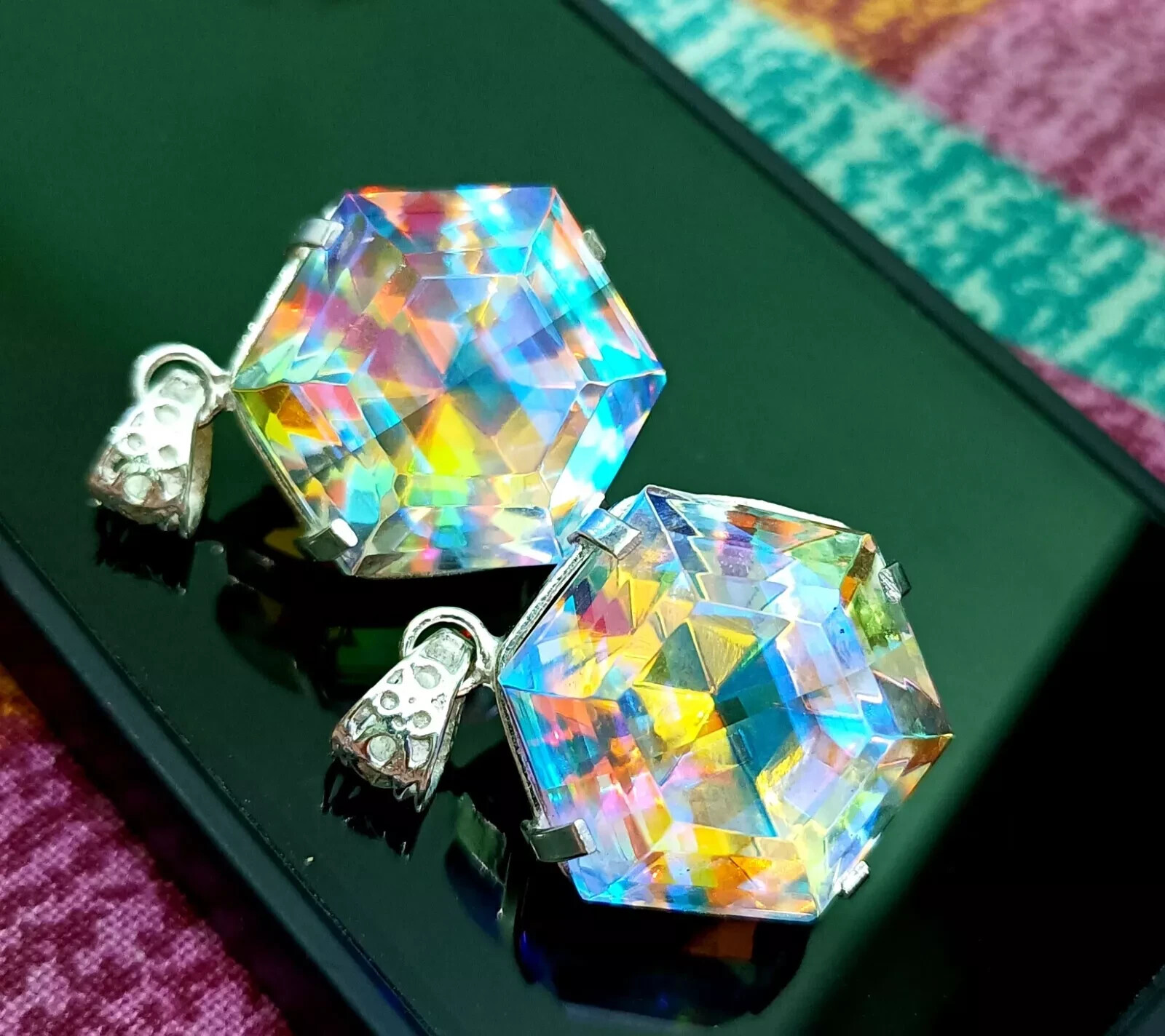 EGL 194 Ct+ Natural Mystic Topaz Hexagon 925 Solid Silver Pendant Gemstone 2 Pcs